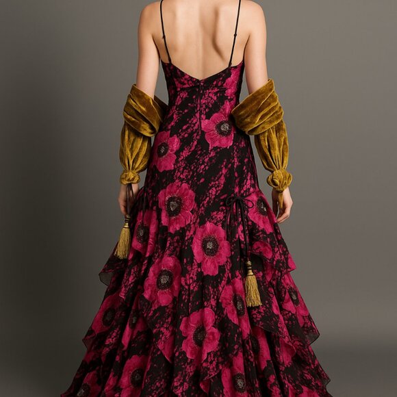 Vintage Lexus 100% Silk Beaded Floral Ruffle Gown Pink Black Evening Dress Sz 10 - Picture 2 of 14